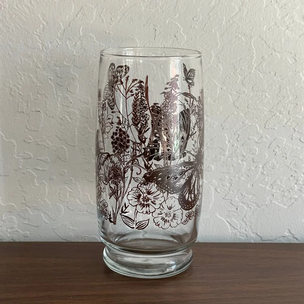 Vintage Butterfly Glassware Set (4) 70s 60s Brown Glasses Floral‎